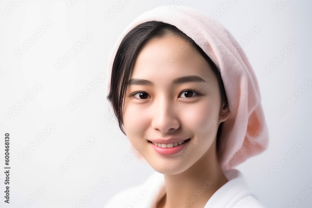 Freshly showered Asian woman smiles at the camera with a towel wrapped around her hair against a white background. generative AI Freshly showered Asian woman smiles at the camera with a towel wrapped around her hair against a white background. generative AI