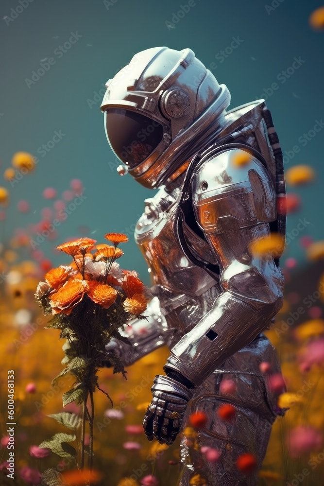 Cosmonaut on the new planet holding the flowers. New discoveries concept. Ai generative.