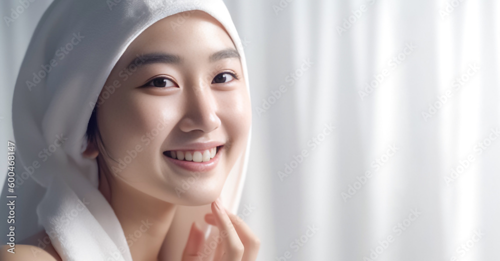 Freshly showered Asian woman smiles at the camera with a towel wrapped around her hair against a white background. generative AI Freshly showered Asian woman smiles at the camera with a towel wrapped around her hair against a white background. generative AI