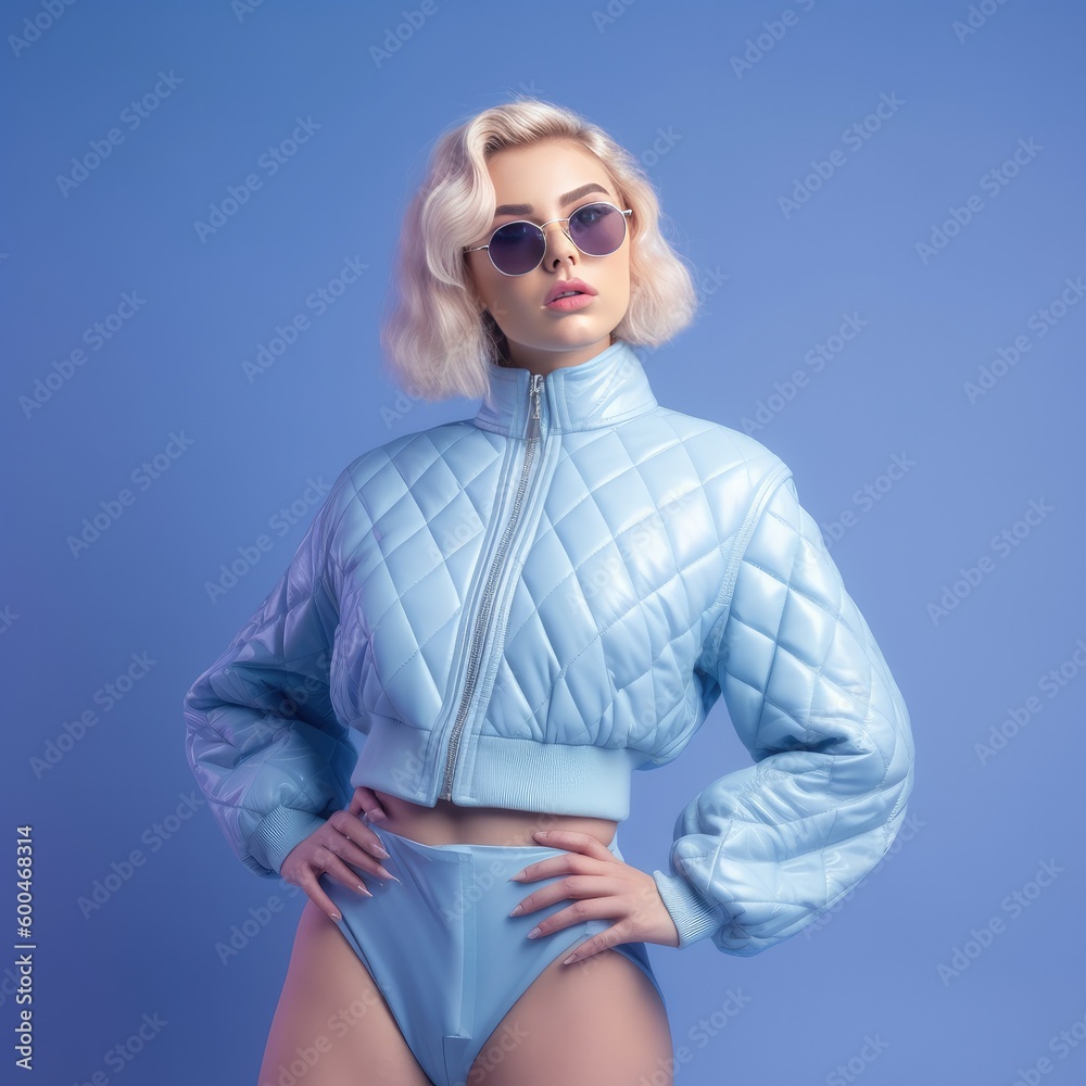 Beautiful teen girl with glasses and blonde hair posing in blue leather jacket on pastel backgroun. Generative AI. Beautiful teen girl with glasses and blonde hair posing in blue leather jacket on pastel backgroun. Generative AI.