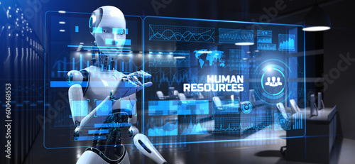 HR Human resources automation RPA. Robot pressing button on screen 3d render.