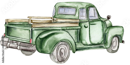 Vintage watercolor green truck, hand drawn ilustration of old retro car on a white background. Perfect for scrapbooking, kids design, wedding invitation, posters, greetings cards.