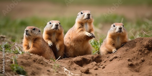 A group of prairie dogs popping in and out of their burrows on the grassy plain, concept of Burrow dwellers' behavior, created with Generative AI technology