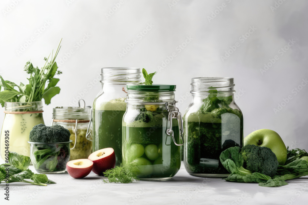 Nutrient-Packed Blend. Green Health Smoothie in Glass Jar Mugs with Kale Leaves and Fresh Fruits. Wellness AI Generative.
Nutrient-Packed Blend. Green Health Smoothie in Glass Jar Mugs with Kale Leaves and Fresh Fruits. Wellness AI Generative.