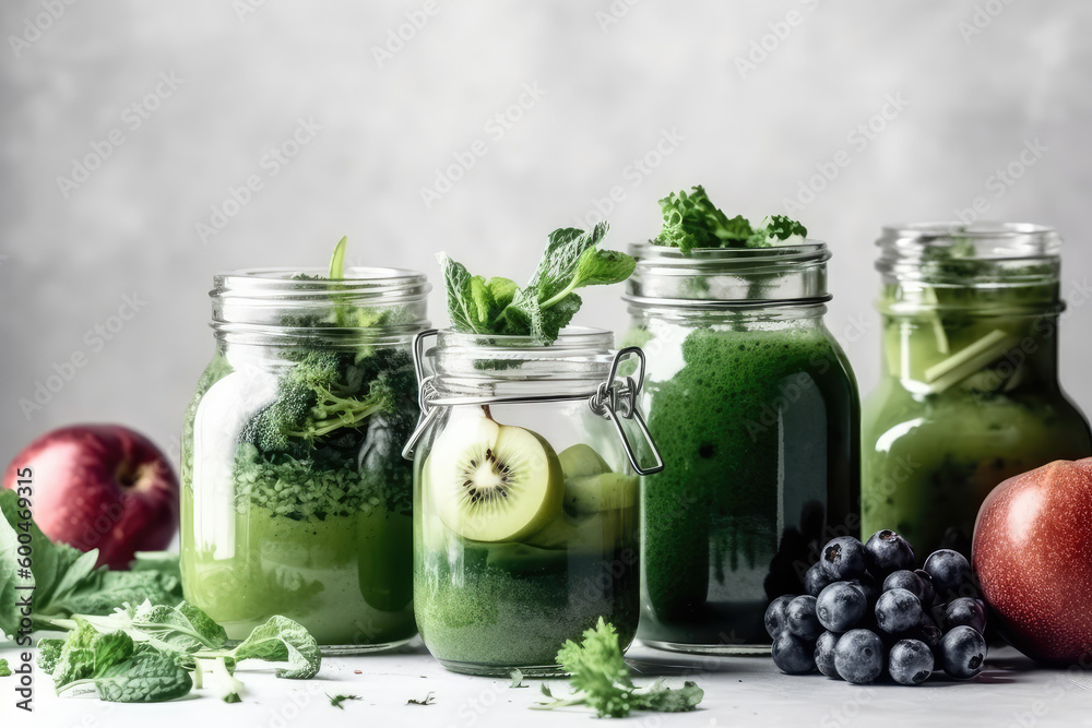 Nutrient-Packed Blend. Green Health Smoothie in Glass Jar Mugs with Kale Leaves and Fresh Fruits. Wellness AI Generative.
Nutrient-Packed Blend. Green Health Smoothie in Glass Jar Mugs with Kale Leaves and Fresh Fruits. Wellness AI Generative.
