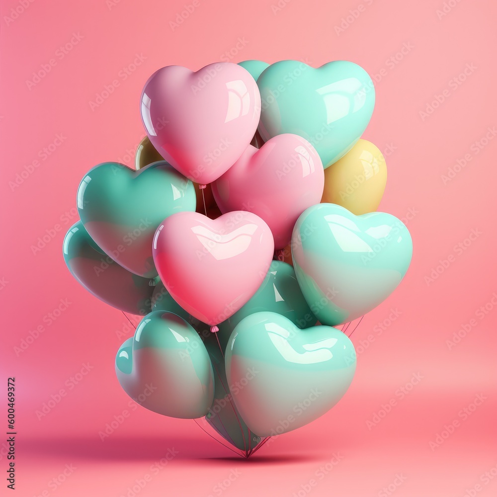 Bunch of pastel blue, pink, purple balloons on pastel background. Celebration party concept. Generative AI.