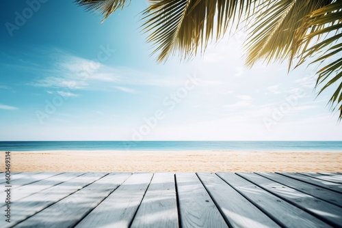 Wooden Table Top with Summer Beach Background Created with Generative AI