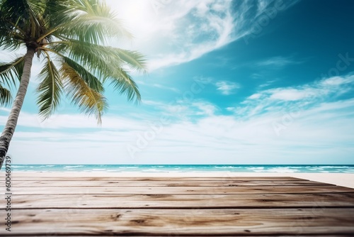 Wooden Table Top with Summer Beach Background Created with Generative AI