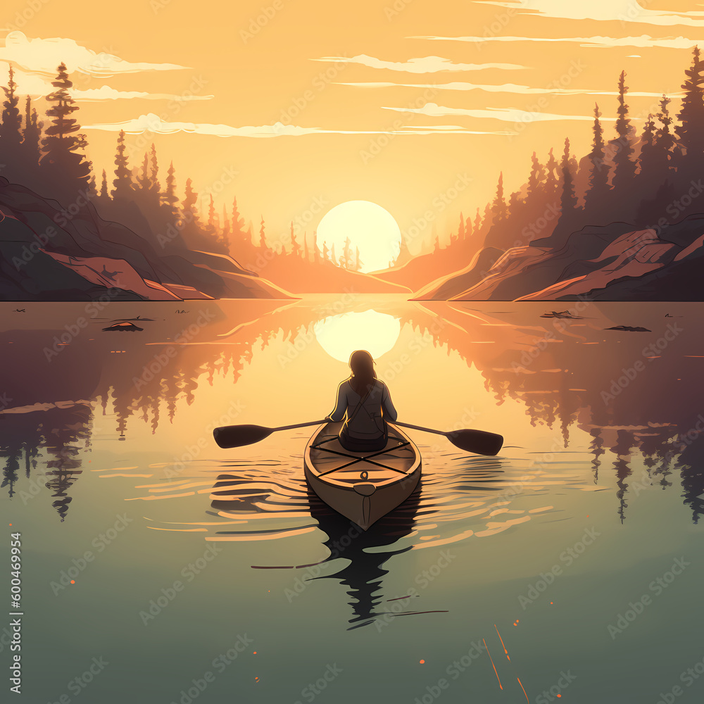 Kayaking Adventurer at Sunset. Generative AI Kayaking Adventurer at Sunset. Generative AI