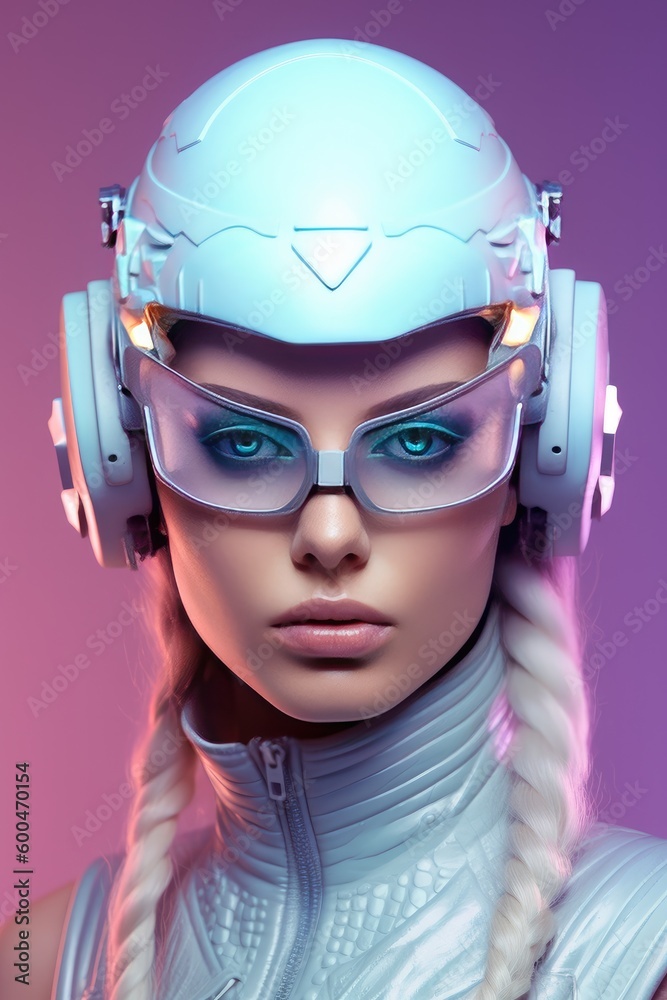 Young beautiful girl in futuristic shiny suit with glasess, neon headphones with blonde hair. Generative AI.