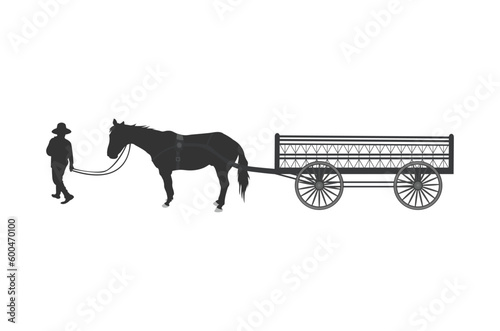 Silhouette of horse-drawn carriages with rider, four-wheel carriage, wild west wagon silhouette. Vector illustration.