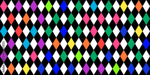 Harlequin multicolor seamless pattern. Argyle classic fabric design. Diamond or lozenge simple background. Joker geometric vector wallpaper. Venetian rhombus carnival ornament.