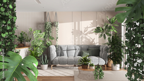 Jungle frame, biophilic concept idea interior design. Tropical leaves over modern kitchen and living room with houseplants. Cerpegia woodii and monstera deliciosa plants