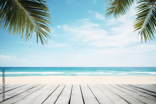 Wooden Table Top with Summer Beach Background Created with Generative AI
