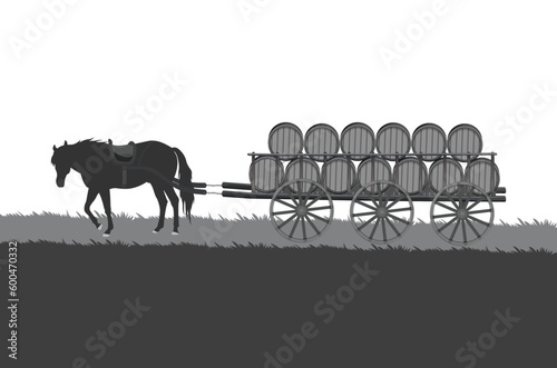 A horse carries a loaded cart with barrels. flat vector illustration.