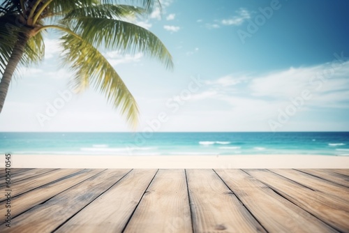 Wooden Table Top with Summer Beach Background Created with Generative AI © dendyh7