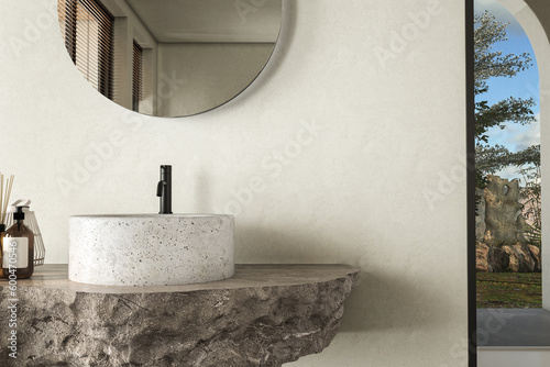 Minimalistic bathroom featuring a natural stone countertop with a white sink  attached to a stone wall. This mockup-ready countertop can serve as a display stand for bathroom products.3d rendering