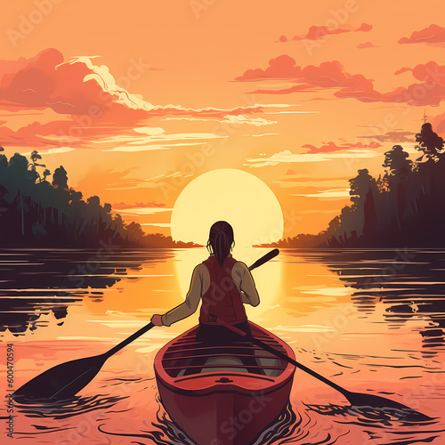 Kayaking Adventurer at Sunset. Generative AI © premiumdesign