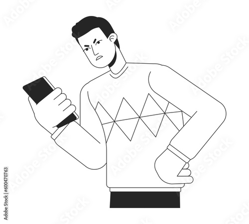 Angry caller looking at phone bw vector spot illustration. Irritated man with smartphone 2D cartoon flat line monochromatic character on white for web UI design. Editable isolated outline hero image