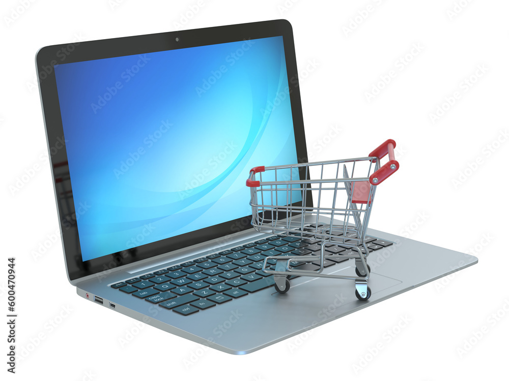 online shopping 3d concept, laptop with shopping cart 3d rendering