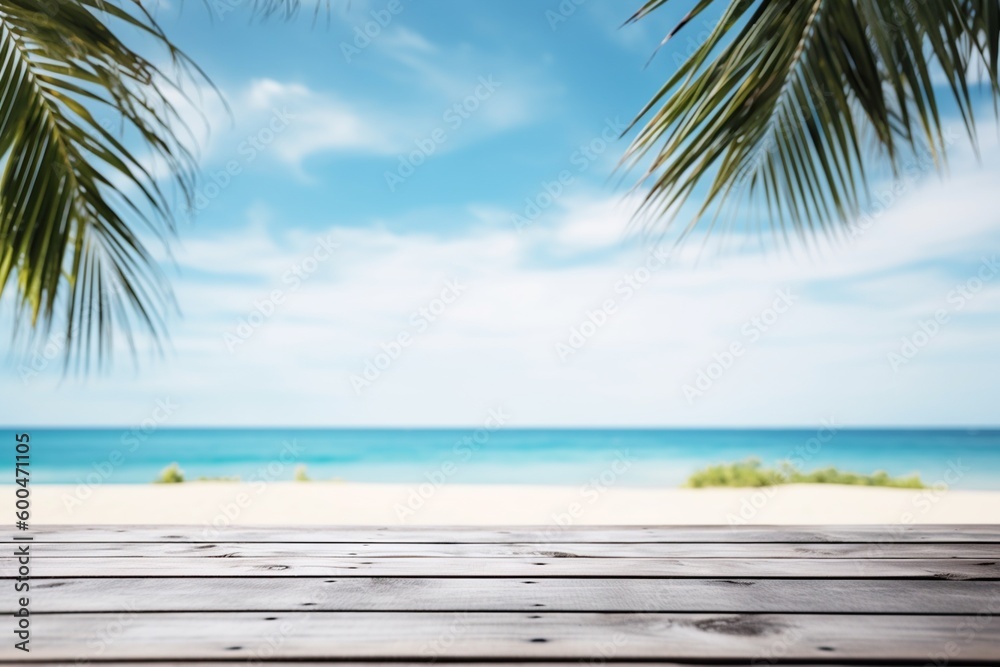 Wooden Table Top with Summer Beach Background Created with Generative AI