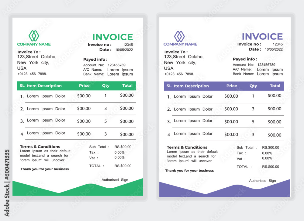 Business Minimal Corporate Invoice design template vector illustration bill form price . Creative template and stationery design payment agreement design template Cash Memo, Vector Quotation Design