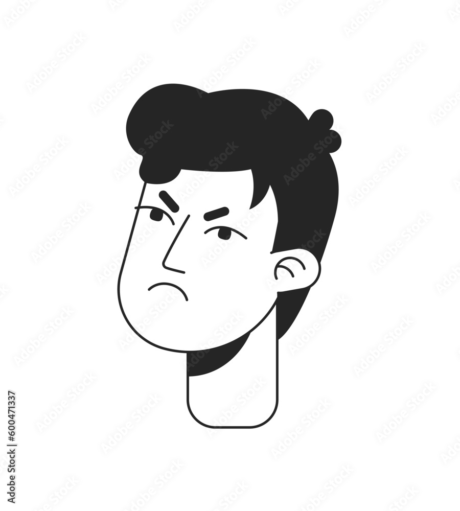 Angry young man with furrowed brows monochrome flat linear character head. Showing displeasure. Editable outline hand drawn human face icon. 2D cartoon spot vector avatar illustration for animation Angry young man with furrowed brows monochrome flat linear character head. Showing displeasure. Editable outline hand drawn human face icon. 2D cartoon spot vector avatar illustration for animation