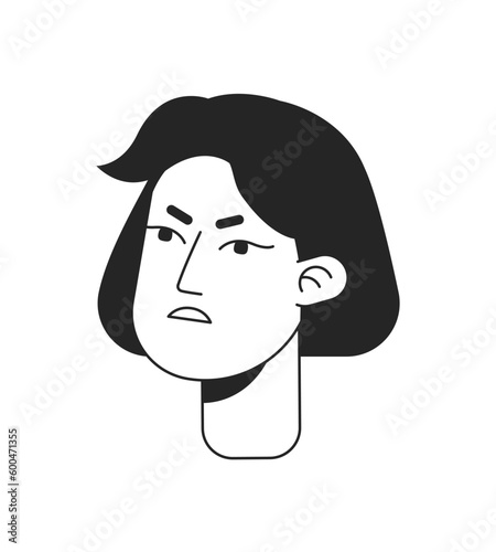 Angry lady in irritated mood monochrome flat linear character head. Grumpy young woman. Editable outline hand drawn human face icon. 2D cartoon spot vector avatar illustration for animation