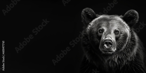Black and white photorealistic studio portrait of a Brown Bear on black background. Generative AI illustration