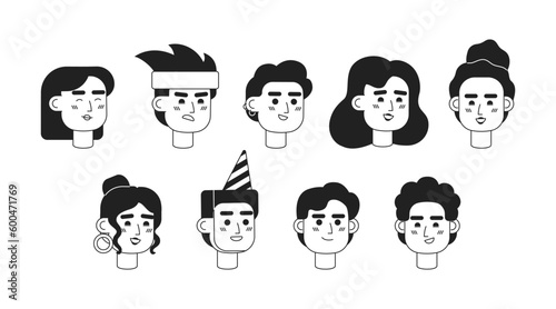 Diverse people with content toothy smile monochrome flat linear character heads bundle. Editable outline people icons. Line users faces. 2D cartoon spot vector avatar illustration pack for animation