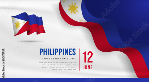 Banner illustration of Philippines independence day celebration with text space. Waving flag and hands clenched. Vector illustration.