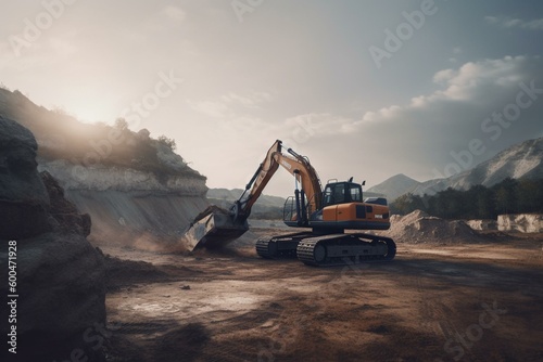 An AI-powered excavator picks up rocks for construction. Generative AI photo