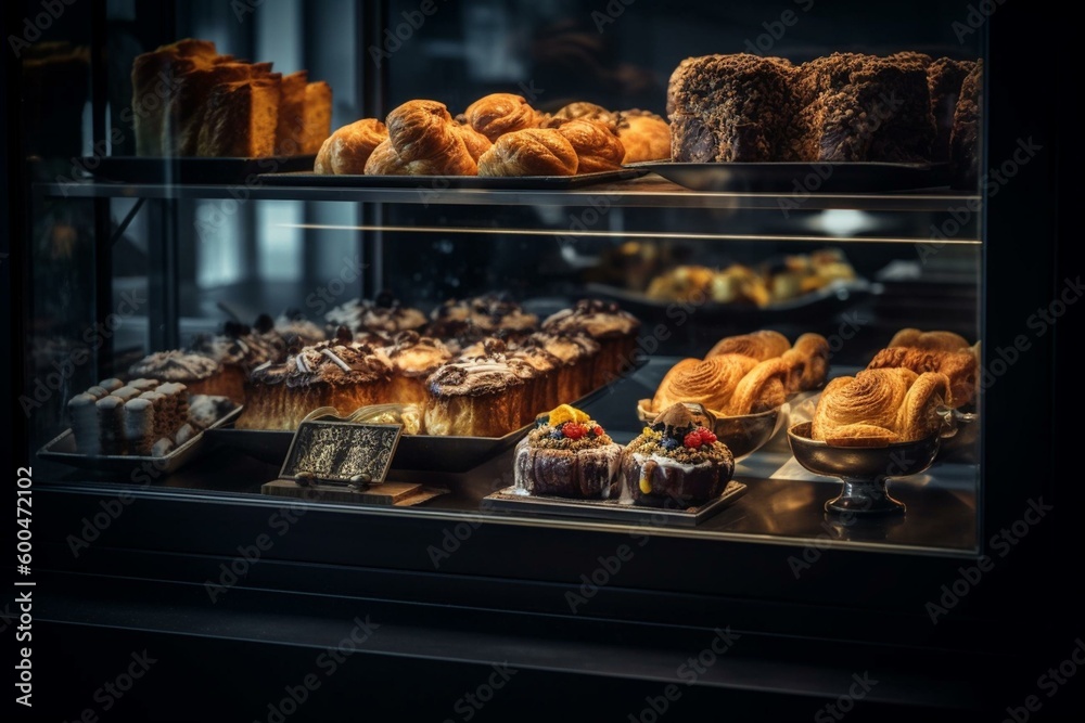 Assorted pastries on display case over metal shelf beside black framed white wall. Generative AI