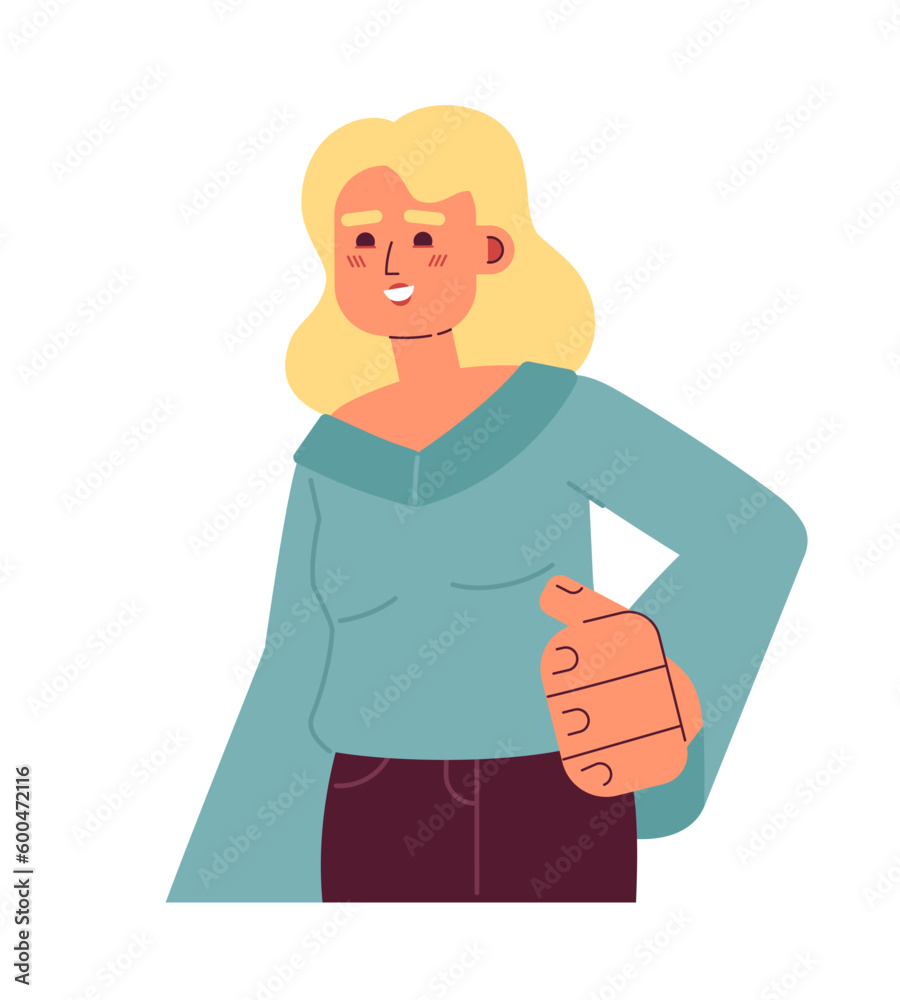 Happy blonde girl with toothy smile semi flat colorful vector character. Independent caucasian woman. Editable half body person on white. Simple cartoon spot illustration for web graphic design Happy blonde girl with toothy smile semi flat colorful vector character. Independent caucasian woman. Editable half body person on white. Simple cartoon spot illustration for web graphic design
