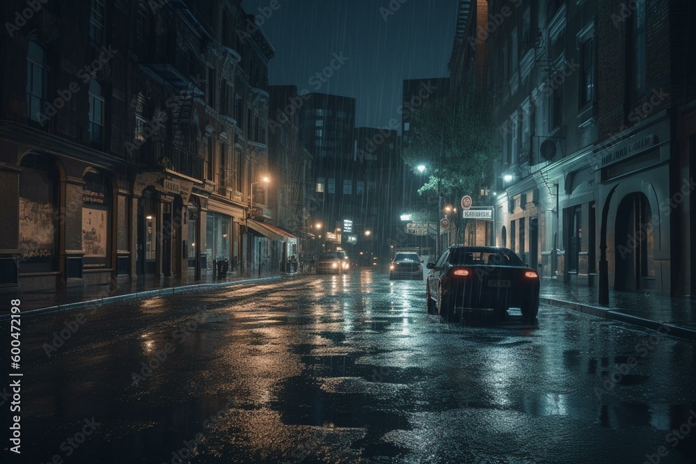 Illuminated city streets flooded with rain or waves. Generative AI