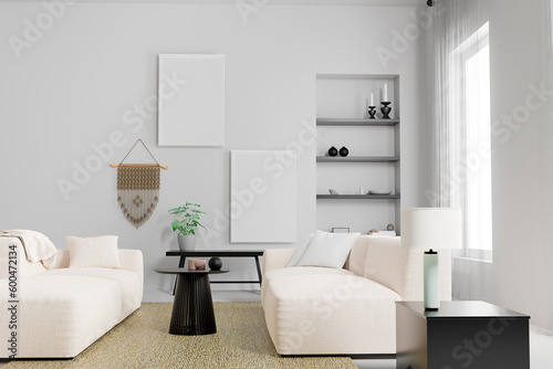 Stylish scandinavian interior of living room with design beige sofa, table, mock up poster frame, decoration , carpet and personal accessories in elegant home decor. 3d render © YuliiaMazurkevych