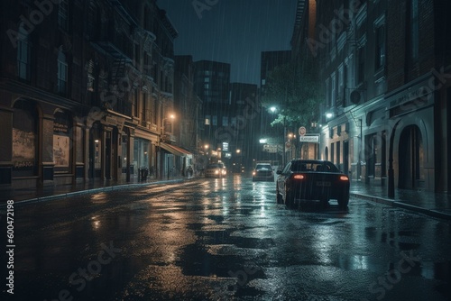 Illuminated city streets flooded with rain or waves. Generative AI