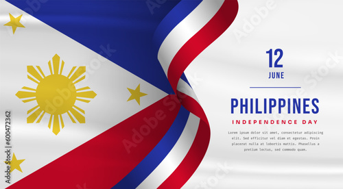 Banner illustration of Philippines independence day celebration with text space. Waving flag and hands clenched. Vector illustration.