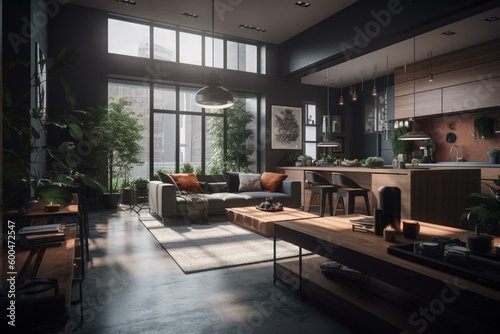 Contemporary indoor space visualized in 3D. Generative AI