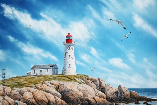 Watercolor painting of Aniva Cape Lighthouse on rocky island under blue sky with seagull. Generative AI