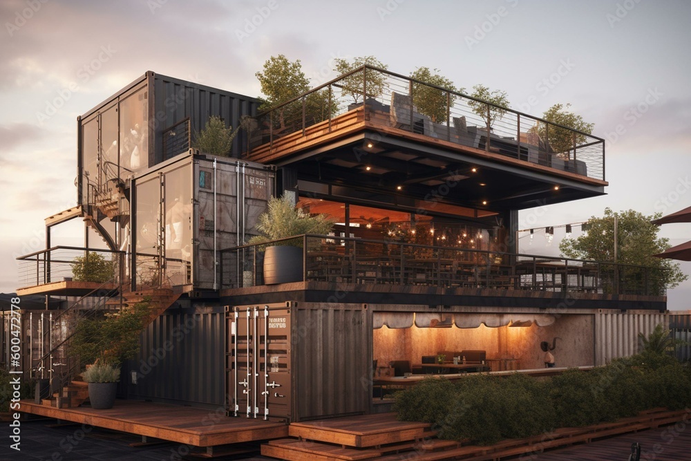 Modern 2-story container bar and cafe with a rooftop DJ, illustrated in a minimalist style. Realistically rendered in 3D. Generative AI