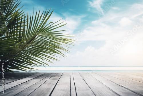 Wooden Table Top with Summer Beach Background Created with Generative AI