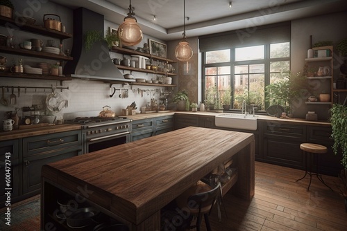 A spacious kitchen with island, stove, fridge, sink, and window. Includes counter with stools and a pot. Generative AI