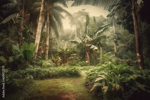 Vintage tropical paradise with palm trees  banana plants  and dirt background. Beautiful rain forest wallpaper. Generative AI