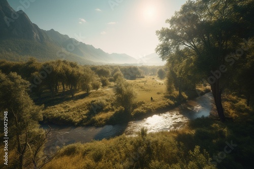 A vast landscape of meadows and fields surrounded by forests and mountains with a river flowing through, depicted in bright sunshine during summer. Generative AI