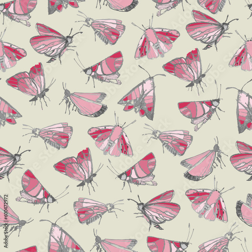 Seamless pattern with fantasy moths  butterflies in pencil drawing sketch. Happy summer illustration. Wallpaper  textile  backgound for kids