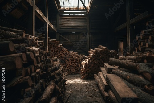 Piled wood at sawmill. Generative AI