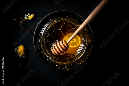 Top view of homemade honey drink on black background, healthy food concept. Generative AI