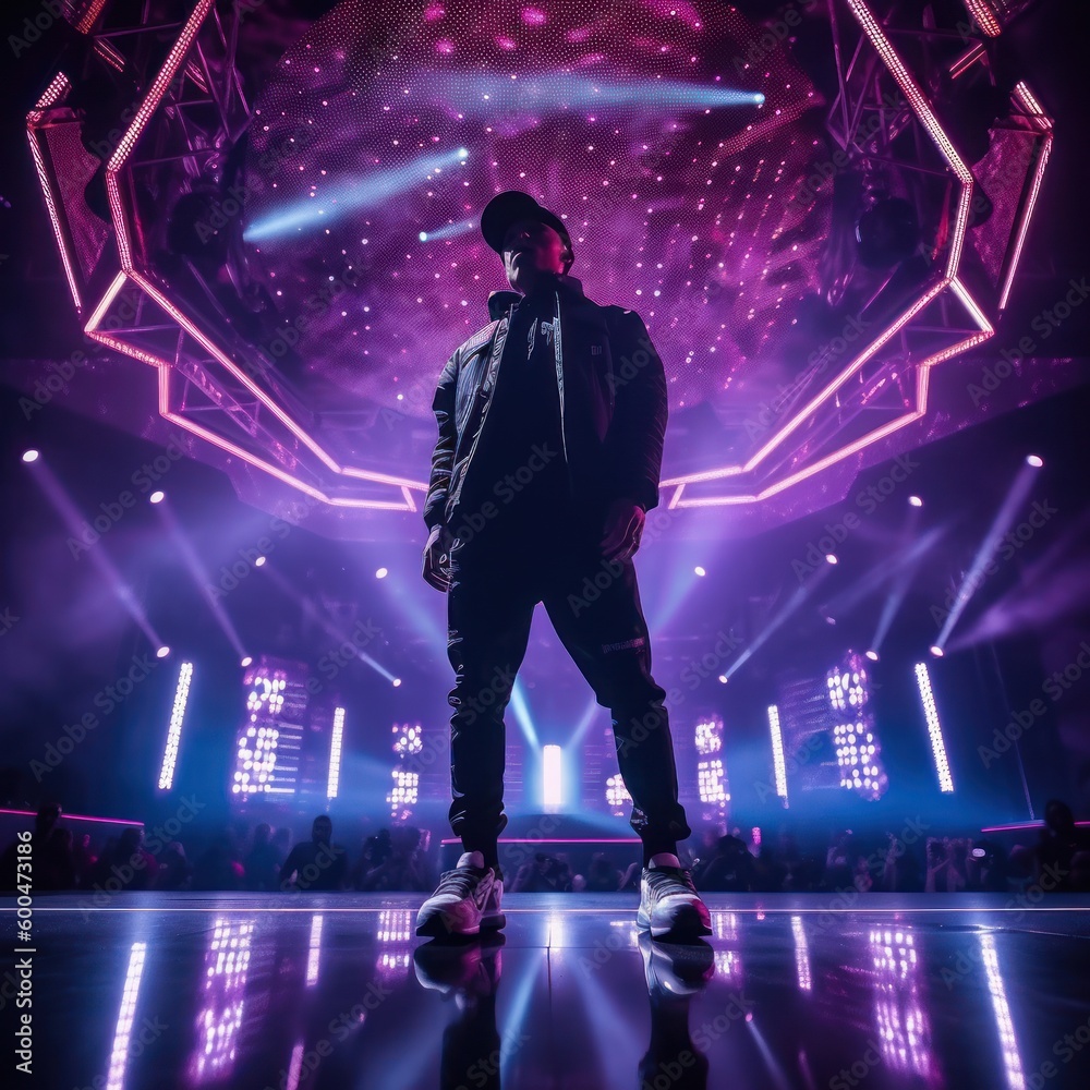 Rapper auf schwach beleuchteter Bühne mit faszinierender Lichtshow, Generative KI