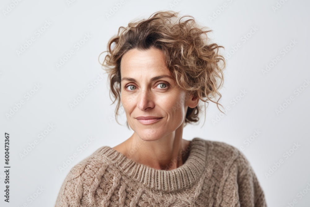 Portrait of happy woman with curly hair looking at camera over white background Portrait of happy woman with curly hair looking at camera over white background